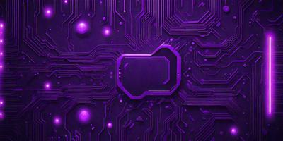 Purple, black, and white computer circuit board with a purple square in the center.