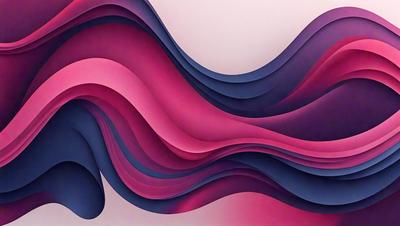 The primary subject of the image is a large, colorful, and abstract artwork featuring a wave-like pattern. The setting is a wall, and the visual style appears to be a combination of digital art and illustration. The dominant colors in the artwork are pink and purple, creating a vibrant and lively atmosphere.