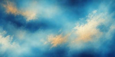 The primary subject of the image is a cloudy blue sky. The setting is a vast expanse of the sky, with no visible land or other objects. The visual style is a natural, outdoor scene. The colors and mood are predominantly blue and serene, with the clouds adding a sense of depth and movement to the sky.