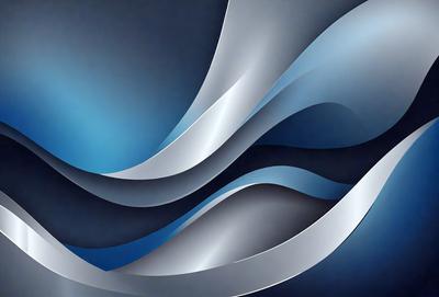 The primary subject of the image is a large, flowing wave. The wave is depicted in a silver and blue color scheme, giving it a shiny and metallic appearance. The setting is a dark blue background, which contrasts with the silver and blue wave. The visual style of the image is a combination of digital art and illustration, creating a dynamic and visually appealing scene. The overall atmosphere of the image is one of motion and energy, as the wave appears to be in motion and flowing across the dark blue