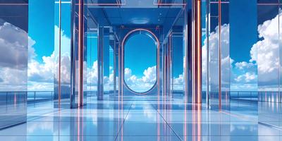 The primary subject of the image is a large, round window with a blue sky visible through it. The setting is a room with a glass wall, and the visual style is a digital art or illustration. The colors and mood of the image are predominantly blue, creating a calm and serene atmosphere.