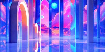 The primary subject of the image is a large, colorful, and intricate painting of a space scene. The setting is a room with a blue floor, and the visual style is a combination of digital art and illustration. The painting features a variety of colors, including pink, blue, and purple, creating a vibrant and lively atmosphere. The overall mood of the painting is one of wonder and imagination, as it captures the beauty and complexity of the universe.