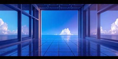 The primary subject of the image is a large, open doorway leading to a beautiful blue ocean. The setting is a beach, with the ocean visible in the background. The visual style of the image is digital art, creating a vibrant and colorful atmosphere. The dominant colors are blue and white, with the blue ocean and white doorway creating a serene and inviting scene.
