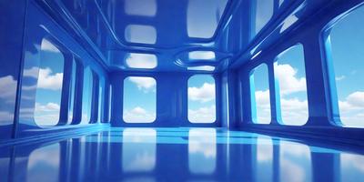 The primary subject of the image is a large window with a blue sky visible outside. The setting is a room with a blue floor, and the visual style appears to be a digital art or illustration. The colors and mood of the image are predominantly blue, creating a calm and serene atmosphere.