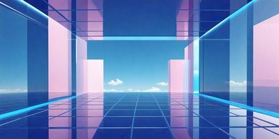 The primary subject of the image is a blue and pink room with a blue sky visible through the windows. The setting is a futuristic, digital art-like environment. The visual style is a combination of photo and digital art, creating a unique and intriguing atmosphere. The dominant colors are blue and pink, which contribute to the overall mood of the scene.