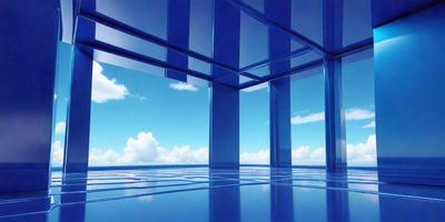 The primary subject of the image is a large window with a blue tint. The setting is an outdoor environment, possibly a beach, with a clear blue sky in the background. The visual style is a photo, capturing the natural light and colors of the scene. The colors and mood of the image are predominantly blue, creating a serene and calming atmosphere.