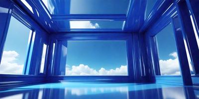 The primary subject of the image is a large window with a blue frame. The setting is a room with a blue surface, possibly a wall or floor. The visual style is a photo, capturing the natural light and the blue sky outside the window. The colors and mood of the image are predominantly blue, creating a calm and serene atmosphere.