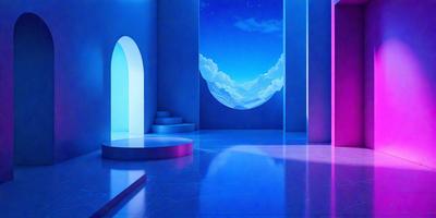 The primary subject of the image is a large, blue, cloud-filled painting on the wall of a room. The setting is a room with a blue floor and a blue sky visible in the background. The visual style is a painting, and the dominant colors are blue and white. The overall atmosphere of the image is serene and calming.