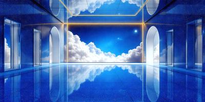 The primary subject of the image is a large, open room with a blue sky and clouds painted on the walls. The setting is a futuristic, artistic environment, and the visual style is a combination of photo and digital art. The dominant colors are blue and white, creating a serene and calming atmosphere.