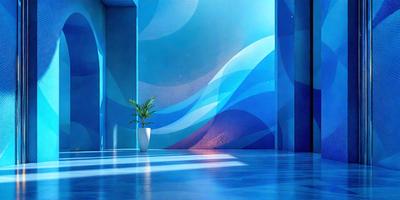 The primary subject of the image is a white vase with a green plant inside, placed on a blue floor. The setting is a room with a blue wall and a blue floor, creating a cohesive and visually appealing environment. The visual style of the image is a combination of photo and digital art, as it appears to be a photograph of a painting or digital artwork. The colors and mood of the image are predominantly blue, creating a calm and serene atmosphere.