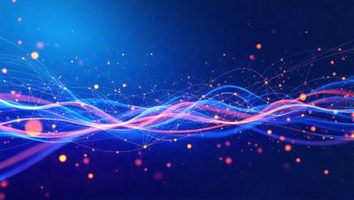 The primary subject of the image is a blue and orange light show, which appears to be a digital art or illustration. The setting is a dark background, and the visual style gives the impression of a futuristic or space-themed scene. The dominant colors are blue and orange, creating a vibrant and energetic atmosphere.