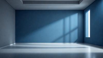 The primary subject of the image is a blue wall with a window. The setting is a room with a blue wall and a window. The visual style is a photo, and the colors and mood are predominantly blue, creating a calm and serene atmosphere.