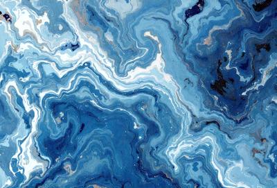 The primary subject of the image is a blue and white swirling pattern, which appears to be a painting or a digital artwork. The setting is a blue background, and the visual style is a combination of photo and digital art. The dominant colors are blue and white, creating a calming and serene atmosphere.