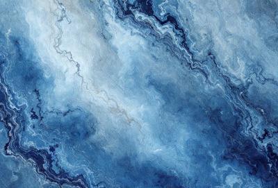 The primary subject of the image is a blue and white marble-like surface, which appears to be a painting or a digital artwork. The setting is a cloudy sky, and the visual style is a combination of painting and digital art. The dominant colors are blue and white, creating a serene and calming atmosphere.