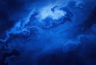 The primary subject of the image is a blue and white starry sky. The setting is a nighttime scene with a dark blue background, and the visual style is a painting or drawing. The colors and mood of the image are predominantly dark and moody, with the blue hues creating a sense of depth and tranquility.