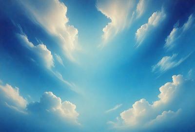 The primary subject of the image is a beautiful blue sky filled with clouds. The setting is a clear day with a cloudy sky, creating a serene atmosphere. The visual style of the image is a painting, showcasing the artist's skill in capturing the beauty of the sky. The colors and mood of the painting are predominantly blue, with the clouds adding a touch of white and gray. The overall effect is a stunning representation of the natural world.