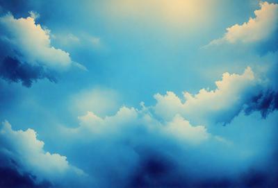 The primary subject of the image is a cloudy blue sky with white clouds. The setting is a vast, open sky, and the visual style is a painting or drawing. The colors and mood are predominantly blue and serene, creating a peaceful and calming atmosphere.