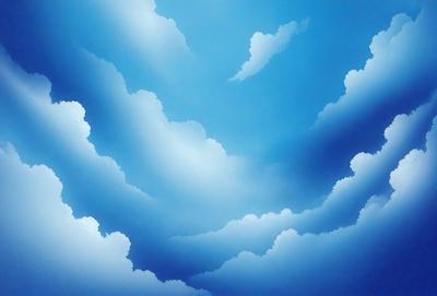 The primary subject of the image is a cloudy blue sky with white clouds. The setting is a vast, open space with no visible landmarks or objects. The visual style is a digital art or illustration, as the clouds are depicted in a detailed and artistic manner. The colors and mood of the image are predominantly blue and white, creating a serene and peaceful atmosphere.