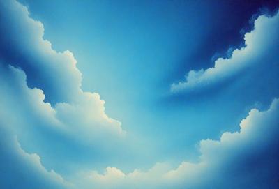 The primary subject of the image is a cloudy blue sky with a few white clouds. The setting is a vast, open space with no visible landmarks or objects. The visual style is a painting, which gives the image a more artistic and creative appearance. The dominant colors are blue and white, creating a serene and peaceful atmosphere.
