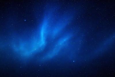 The primary subject of the image is a blue, swirling, and twisting cloud in the night sky. The cloud is surrounded by a dark, star-filled background, creating a striking contrast. The visual style of the image is a nighttime landscape, with the cloud as the main focal point. The colors and mood of the image are predominantly dark and moody, with the blue cloud standing out against the black sky.
