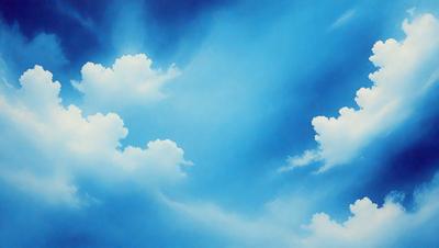 The primary subject of the image is a cloudy blue sky filled with various cloud formations. The setting is a vast, open sky, and the visual style is a painting or drawing. The colors and mood of the image are predominantly blue and serene, creating a peaceful and tranquil atmosphere.