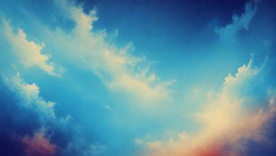 The primary subject of the image is a cloudy blue sky. The setting is a vast expanse of the sky, with no visible land or other objects. The visual style is a painting, which gives the image a more artistic and creative appearance. The dominant colors are blue and white, creating a serene and peaceful atmosphere.