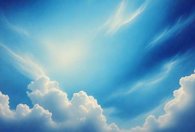 The primary subject of the image is a cloudy blue sky with a few white clouds. The setting is a vast, open space with no visible landmarks or objects. The visual style is a combination of photo and digital art, creating a realistic yet artistic representation of the sky. The colors and mood are predominantly blue and serene, with the white clouds adding a touch of softness and tranquility to the scene.