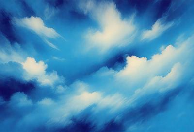 The primary subject of the image is a cloudy blue sky. The setting is a vast expanse of the sky, with no visible land or other objects. The visual style is a painting, which gives the image a more artistic and creative appearance. The dominant colors are blue and white, creating a serene and calming atmosphere.