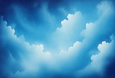 The primary subject of the image is a cloudy blue sky with white clouds. The setting is a vast, open sky, and the visual style is a painting or drawing. The colors and mood of the image are predominantly blue and white, creating a serene and peaceful atmosphere.