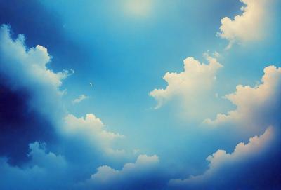 The primary subject of the image is a beautiful blue sky filled with clouds. The setting is a vast, open sky, and the visual style is a painting or drawing. The colors and mood of the image are serene and peaceful, with the blue sky and clouds creating a sense of tranquility.