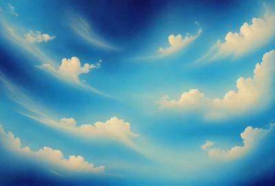 The primary subject of the image is a painting of a cloudy blue sky with white clouds. The setting is a blue background, and the visual style is a painting. The colors and mood of the painting are predominantly blue and cloudy, creating a serene and peaceful atmosphere.