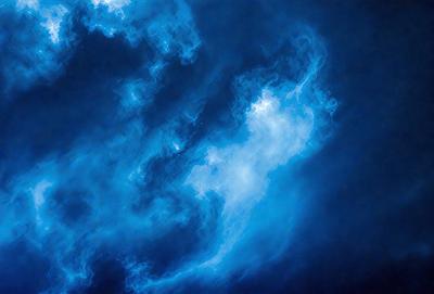The primary subject of the image is a blue cloudy sky. The setting is a dark blue background, which contrasts with the cloudy sky. The visual style is a photo, capturing the beauty of the cloudy sky. The colors and mood of the image are predominantly dark blue and cloudy, creating a moody and atmospheric scene.