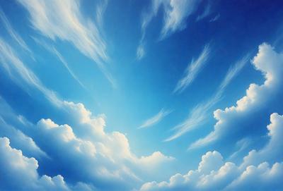 The primary subject of the image is a cloudy blue sky with white clouds. The setting is a bright, sunny day with a clear blue sky. The visual style is a painting, which gives the image a vibrant and artistic appearance. The colors and mood are predominantly blue and white, creating a serene and peaceful atmosphere.
