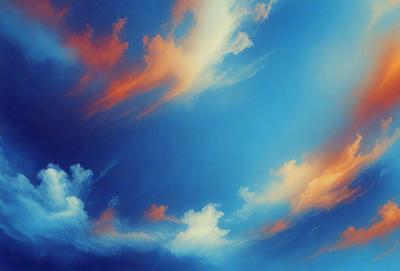 The primary subject of the image is a cloudy blue sky with a few clouds scattered throughout. The setting is a vast, open sky, and the visual style is a painting or drawing. The colors and mood of the image are predominantly blue and serene, creating a peaceful atmosphere.