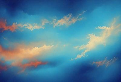 The primary subject of the image is a cloudy blue sky. The setting is a vast expanse of the sky, with no visible land or other objects. The visual style is a painting, which gives the image a more artistic and creative appearance. The dominant colors are blue and white, creating a serene and calming atmosphere.