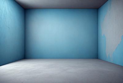 The primary subject of the image is a large, empty room with a blue wall. The setting is a white room with a blue wall, and the visual style is a photo. The dominant colors are blue and white, creating a calm and serene atmosphere.