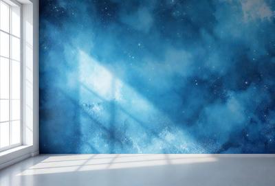 The primary subject of the image is a blue wall with a starry sky painted on it. The setting is a room with a window, and the visual style is a painting or drawing. The dominant colors are blue and white, creating a calm and serene atmosphere.