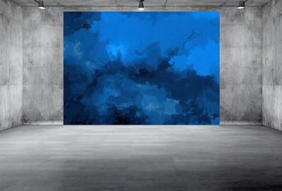 The primary subject of the image is a large, blue painting on a wall. The painting features a cloudy sky, giving it a moody and dramatic appearance. The setting is a room with a concrete wall, which serves as the backdrop for the painting. The visual style of the image is a painting, showcasing the artist's skill and creativity. The dominant colors in the painting are blue and gray, creating a sense of depth and atmosphere.