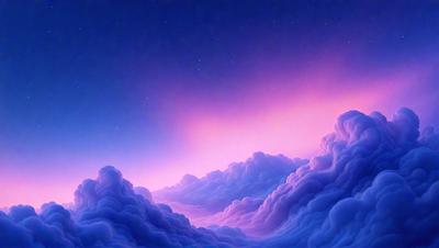 The primary subject of the image is a beautiful, colorful cloudy sky. The setting is a nighttime scene with a purple hue, creating a serene and peaceful atmosphere. The visual style is a combination of photo and digital art, giving the image a unique and artistic appearance. The dominant colors are purple, blue, and white, with the clouds being the main focus of the scene.