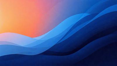The primary subject of the image is a blue and white ocean wave. The setting is a blue ocean with a sunset in the background. The visual style is a digital art or illustration, creating a vibrant and dynamic scene. The dominant colors are blue and white, with the blue ocean and white wave, while the sunset adds warm hues to the background. The overall atmosphere is serene and captivating.