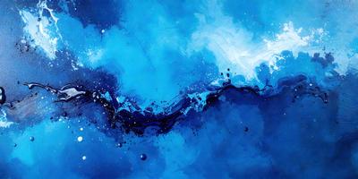 The primary subject of the image is a blue ocean with a cloudy sky. The setting is a vast body of water, and the visual style is a painting or drawing. The colors and mood are predominantly blue, creating a serene and calming atmosphere.