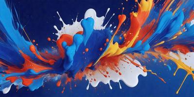 The primary subject of the image is a painting of a blue and orange splash, with a blue background. The visual style appears to be a digital art or illustration, as it is a close-up of the painting. The dominant colors are blue and orange, creating a vibrant and energetic atmosphere.