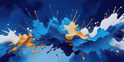 The primary subject of the image is a painting of a blue ocean with yellow and orange splashes. The setting is a blue background, and the visual style is a digital art or illustration. The dominant colors are blue, yellow, and orange, creating a vibrant and lively atmosphere.