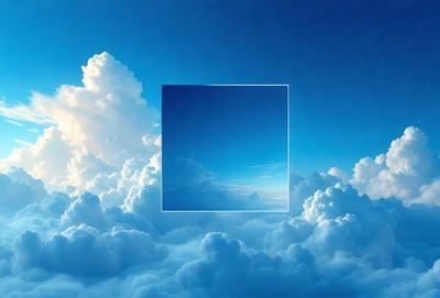 The primary subject of the image is a square-shaped window or mirror, which is set against a backdrop of a blue sky filled with clouds. The visual style of the image is a combination of photo and digital art, creating a unique and artistic representation of the scene. The colors in the image are predominantly blue and white, giving it a serene and calming atmosphere.