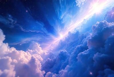 The primary subject of the image is a beautiful, colorful, and vibrant cloudy sky. The setting is a nighttime scene with a backdrop of a dark, star-filled sky. The visual style is a combination of photo and digital art, creating a stunning and surreal atmosphere. The colors and mood are predominantly blue, with a hint of pink, giving the scene a serene and dreamy quality.