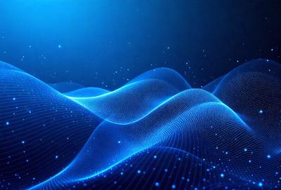The primary subject of the image is a blue wave pattern, which is the main object, scene, or focus of the image. The setting or background is a dark blue sky, and the visual style is a digital art or illustration. The dominant colors and overall atmosphere are a combination of blue and black, creating a sense of depth and contrast.