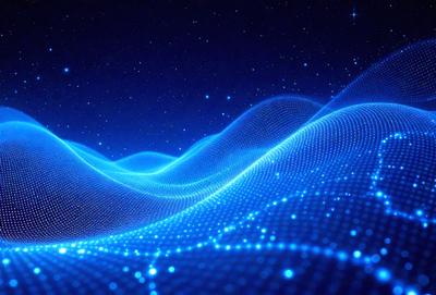 The primary subject of the image is a blue, digital art-like representation of a wave. The setting is a dark, star-filled sky, which serves as the backdrop for the wave. The visual style is a combination of digital art and a pattern, creating a unique and captivating image. The colors and mood are predominantly blue, with a sense of depth and movement conveyed through the artistic representation of the wave.