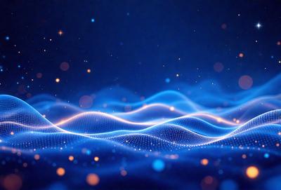 The primary subject of the image is a blue, swirling, and sparkling pattern. The setting is a dark blue background, which contrasts with the bright blue swirls. The visual style is a digital art or illustration, creating a dynamic and captivating scene. The colors and mood are predominantly blue, with a sense of movement and energy.