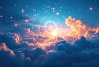 The primary subject of the image is a sunset, with the sun peeking through the clouds. The setting is a cloudy sky, and the visual style is a digital art or illustration. The colors and mood of the image are warm and serene, with the sunset creating a beautiful and peaceful atmosphere.