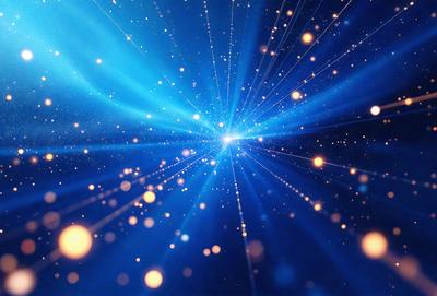 The primary subject of the image is a bright blue light, which appears to be a light source or a nebula. The setting is a dark background, which contrasts with the bright blue light. The visual style of the image is a combination of a photo and digital art, creating a unique and captivating scene. The colors and mood of the image are predominantly blue, with a sense of depth and wonder.